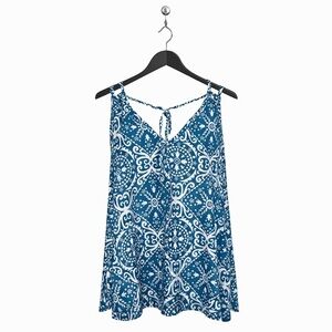 Blue & White Boho Print Sleeveless Tunic Top with Tie-Back Detail, Size XL